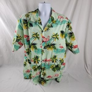Pacific Legend Mens Hawaiian Shirt Button Flamingos Green Pink XL Extra Large